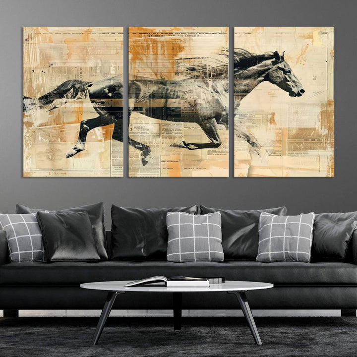 Chines Style Running Horse Western Wall Art | Farmhouse Wall Decor | Ready to Hang Framed Canvas Print | Vintage Abstract Style