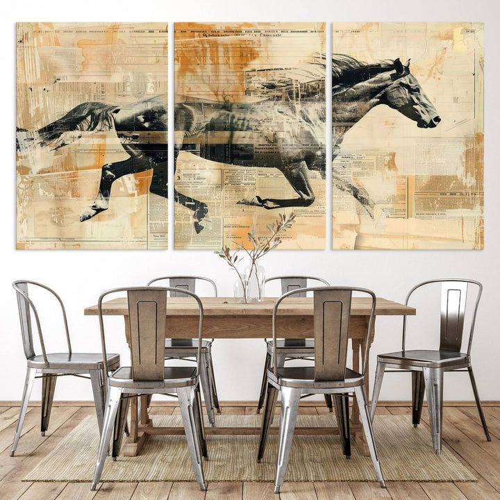 Chines Style Running Horse Western Wall Art | Farmhouse Wall Decor | Ready to Hang Framed Canvas Print | Vintage Abstract Style