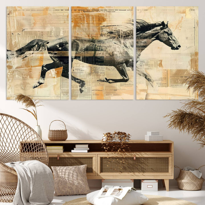 Chines Style Running Horse Western Wall Art | Farmhouse Wall Decor | Ready to Hang Framed Canvas Print | Vintage Abstract Style
