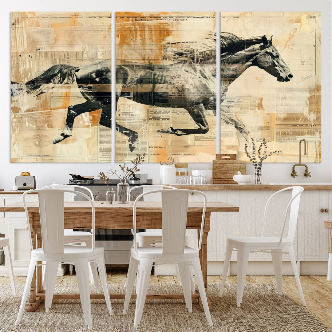 The Chinese Style Running Horse Western Wall Art, a vintage abstract ready-to-hang framed canvas print, is an ideal piece for rustic spaces. This farmhouse wall decor is beautifully enhanced against a dark wall.