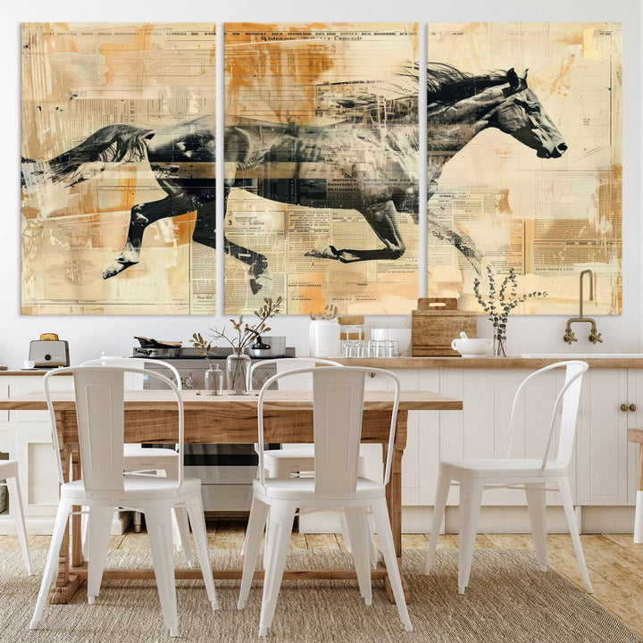 The Chinese Style Running Horse Western Wall Art, a vintage abstract ready-to-hang framed canvas print, is an ideal piece for rustic spaces. This farmhouse wall decor is beautifully enhanced against a dark wall.
