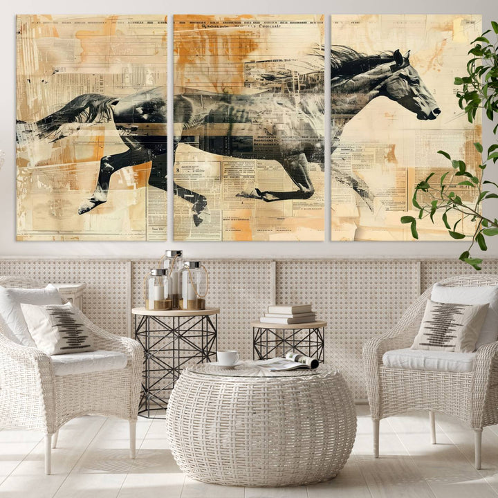 The Chinese Style Running Horse Western Wall Art, a vintage abstract ready-to-hang framed canvas print, is an ideal piece for rustic spaces. This farmhouse wall decor is beautifully enhanced against a dark wall.