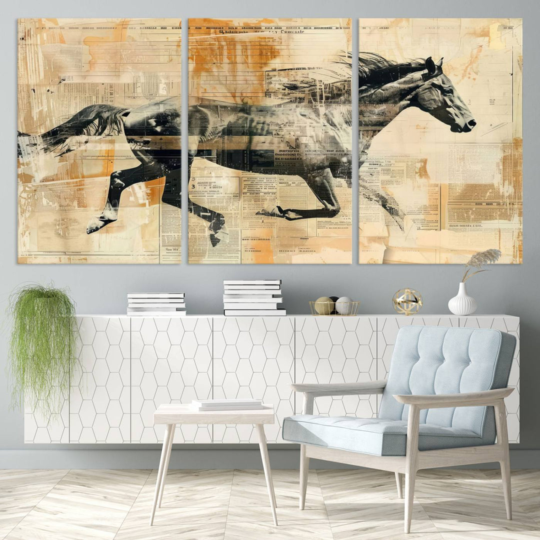 The Chinese Style Running Horse Western Wall Art, a vintage abstract ready-to-hang framed canvas print, is an ideal piece for rustic spaces. This farmhouse wall decor is beautifully enhanced against a dark wall.