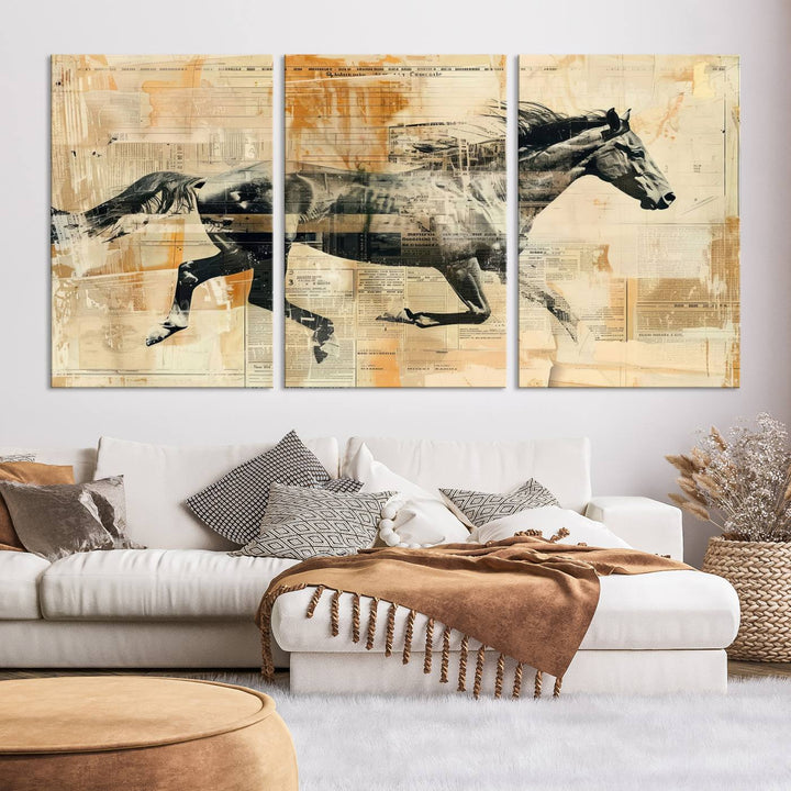 The Chinese Style Running Horse Western Wall Art, a vintage abstract ready-to-hang framed canvas print, is an ideal piece for rustic spaces. This farmhouse wall decor is beautifully enhanced against a dark wall.