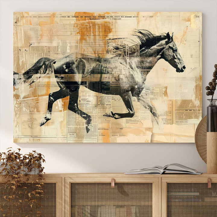 Chines Style Running Horse Western Wall Art | Farmhouse Wall Decor | Ready to Hang Framed Canvas Print | Vintage Abstract Style