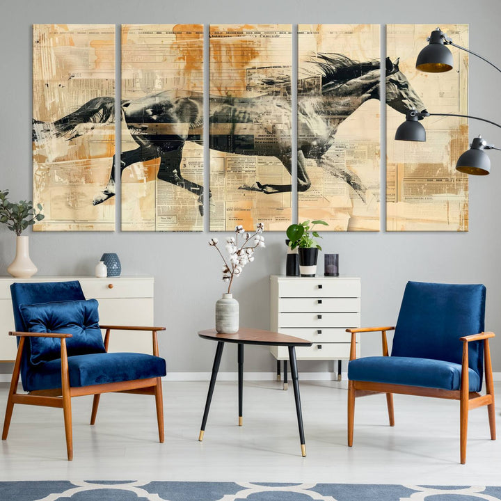 The Chinese Style Running Horse Western Wall Art, a vintage abstract ready-to-hang framed canvas print, is an ideal piece for rustic spaces. This farmhouse wall decor is beautifully enhanced against a dark wall.