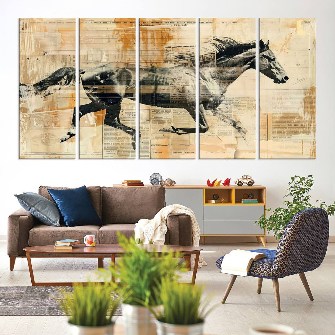 The Chinese Style Running Horse Western Wall Art, a vintage abstract ready-to-hang framed canvas print, is an ideal piece for rustic spaces. This farmhouse wall decor is beautifully enhanced against a dark wall.