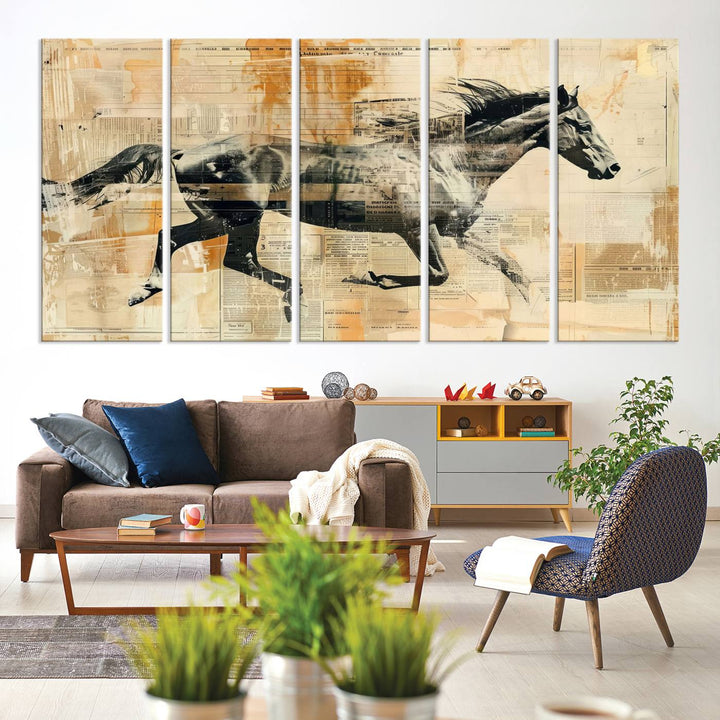 The Chinese Style Running Horse Western Wall Art, a vintage abstract ready-to-hang framed canvas print, is an ideal piece for rustic spaces. This farmhouse wall decor is beautifully enhanced against a dark wall.