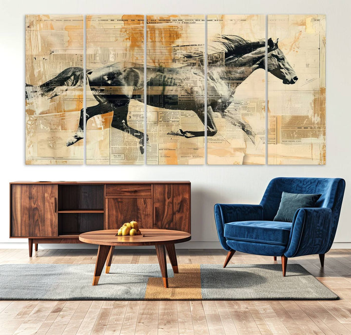 The Chinese Style Running Horse Western Wall Art, a vintage abstract ready-to-hang framed canvas print, is an ideal piece for rustic spaces. This farmhouse wall decor is beautifully enhanced against a dark wall.