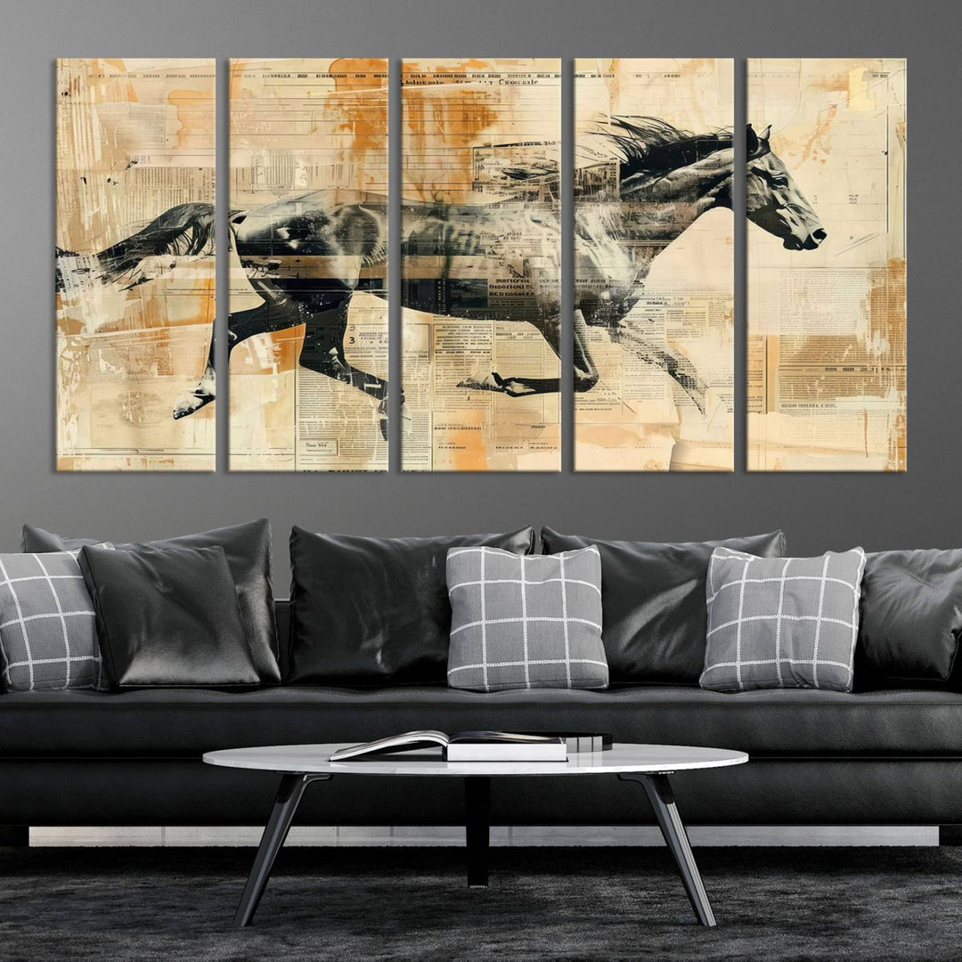 The Chinese Style Running Horse Western Wall Art, a vintage abstract ready-to-hang framed canvas print, is an ideal piece for rustic spaces. This farmhouse wall decor is beautifully enhanced against a dark wall.