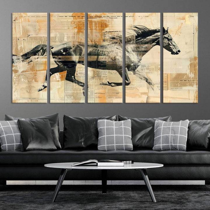 The Chinese Style Running Horse Western Wall Art, a vintage abstract ready-to-hang framed canvas print, is an ideal piece for rustic spaces. This farmhouse wall decor is beautifully enhanced against a dark wall.