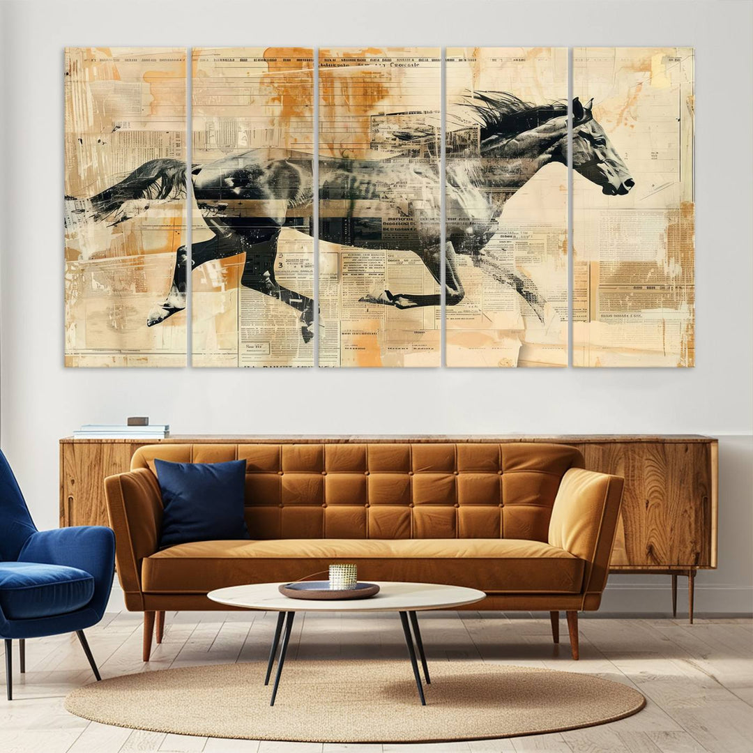 The Chinese Style Running Horse Western Wall Art, a vintage abstract ready-to-hang framed canvas print, is an ideal piece for rustic spaces. This farmhouse wall decor is beautifully enhanced against a dark wall.