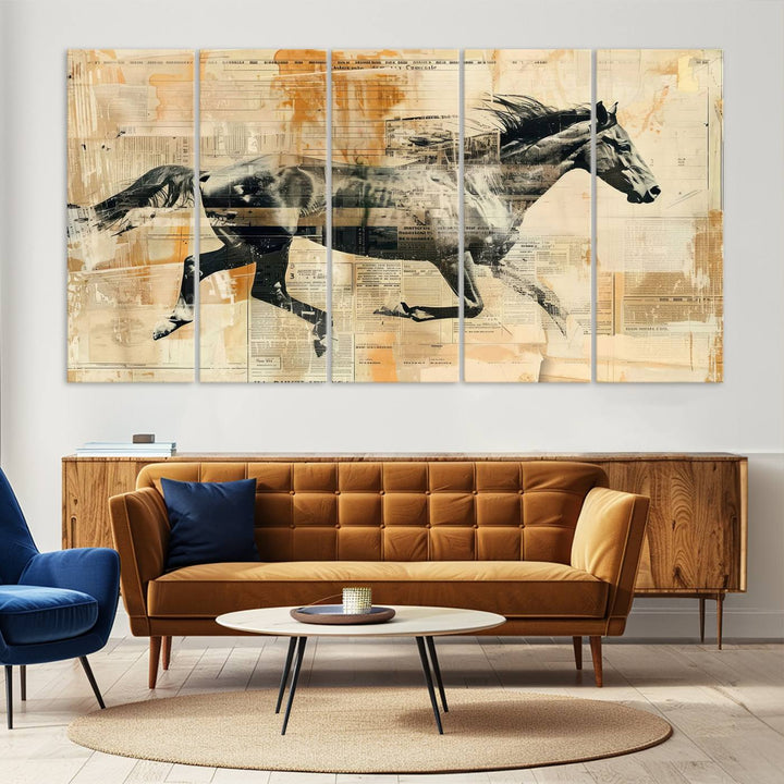 The Chinese Style Running Horse Western Wall Art, a vintage abstract ready-to-hang framed canvas print, is an ideal piece for rustic spaces. This farmhouse wall decor is beautifully enhanced against a dark wall.