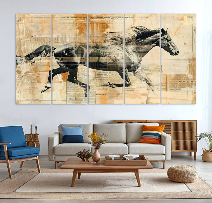 The Chinese Style Running Horse Western Wall Art, a vintage abstract ready-to-hang framed canvas print, is an ideal piece for rustic spaces. This farmhouse wall decor is beautifully enhanced against a dark wall.