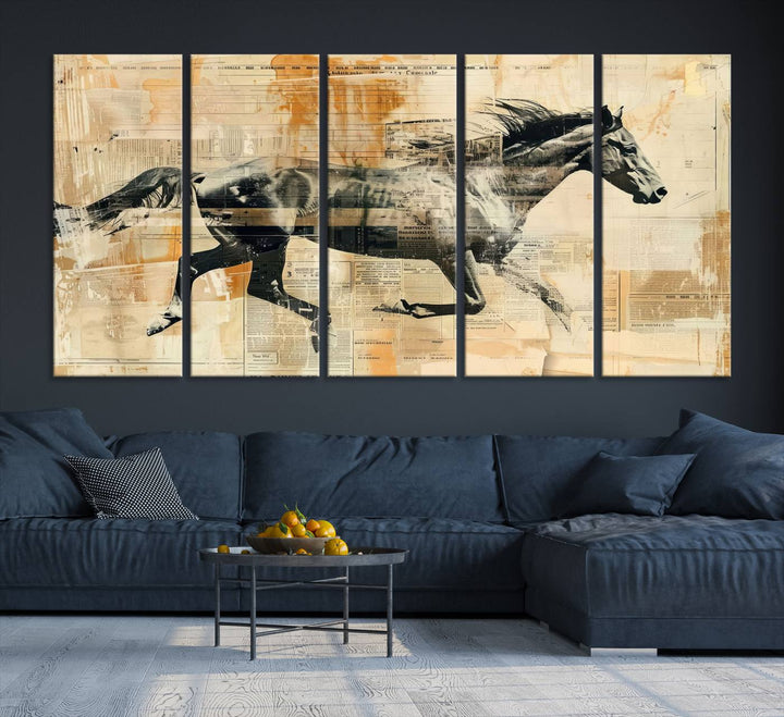 The Chinese Style Running Horse Western Wall Art, a vintage abstract ready-to-hang framed canvas print, is an ideal piece for rustic spaces. This farmhouse wall decor is beautifully enhanced against a dark wall.