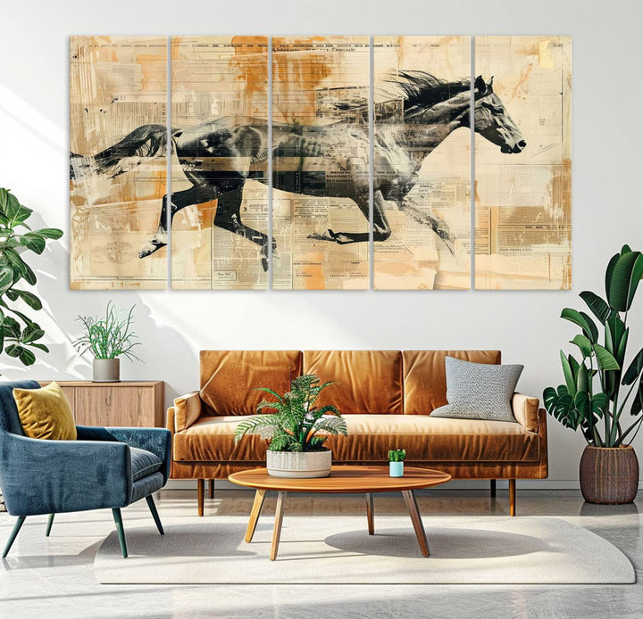 The Chinese Style Running Horse Western Wall Art, a vintage abstract ready-to-hang framed canvas print, is an ideal piece for rustic spaces. This farmhouse wall decor is beautifully enhanced against a dark wall.