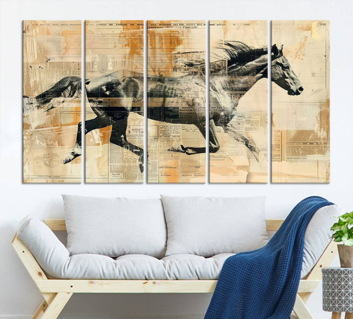 The Chinese Style Running Horse Western Wall Art, a vintage abstract ready-to-hang framed canvas print, is an ideal piece for rustic spaces. This farmhouse wall decor is beautifully enhanced against a dark wall.