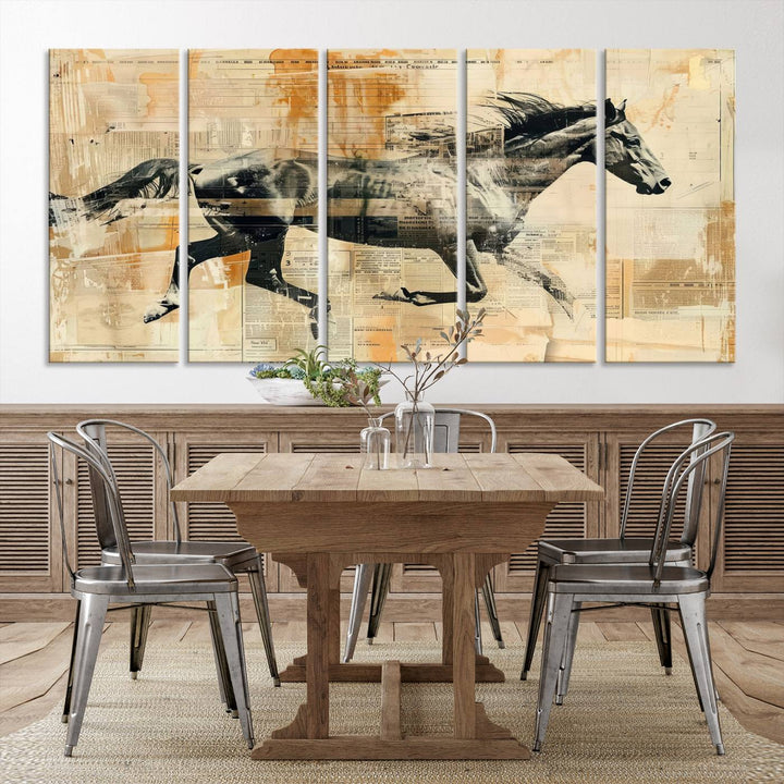 The Chinese Style Running Horse Western Wall Art, a vintage abstract ready-to-hang framed canvas print, is an ideal piece for rustic spaces. This farmhouse wall decor is beautifully enhanced against a dark wall.