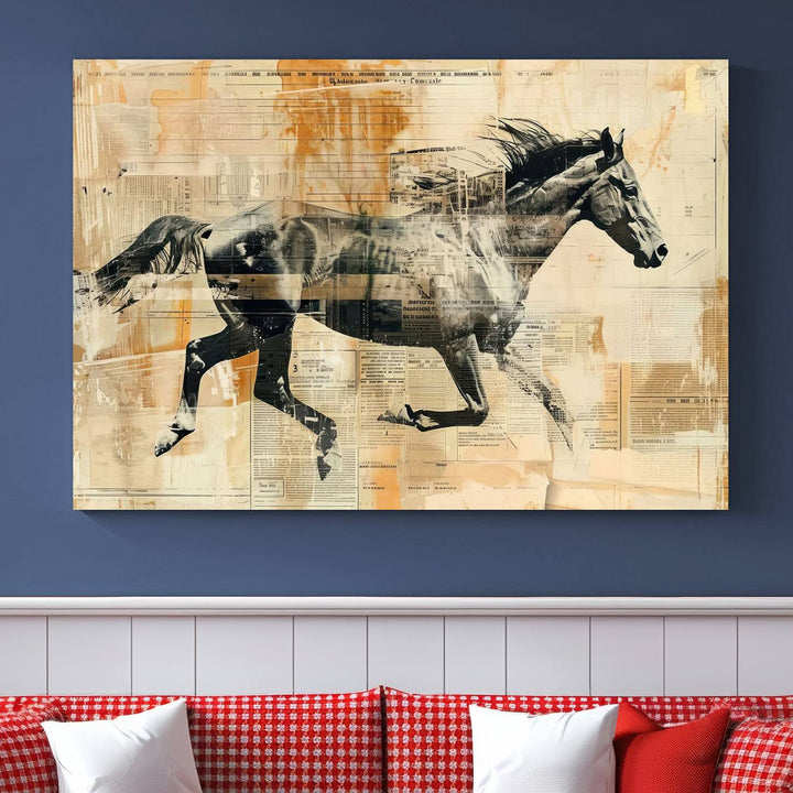 Chines Style Running Horse Western Wall Art | Farmhouse Wall Decor | Ready to Hang Framed Canvas Print | Vintage Abstract Style