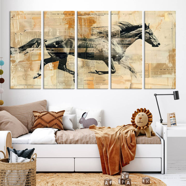 The Chinese Style Running Horse Western Wall Art, a vintage abstract ready-to-hang framed canvas print, is an ideal piece for rustic spaces. This farmhouse wall decor is beautifully enhanced against a dark wall.