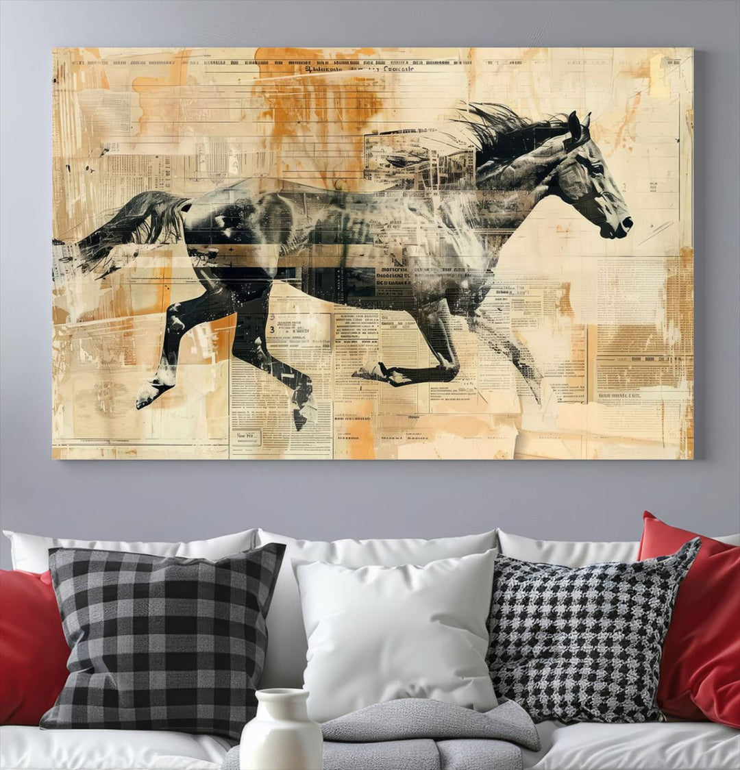Chines Style Running Horse Western Wall Art | Farmhouse Wall Decor | Ready to Hang Framed Canvas Print | Vintage Abstract Style