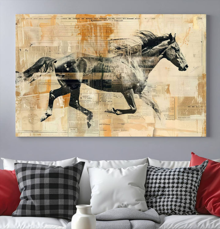 Chines Style Running Horse Western Wall Art | Farmhouse Wall Decor | Ready to Hang Framed Canvas Print | Vintage Abstract Style