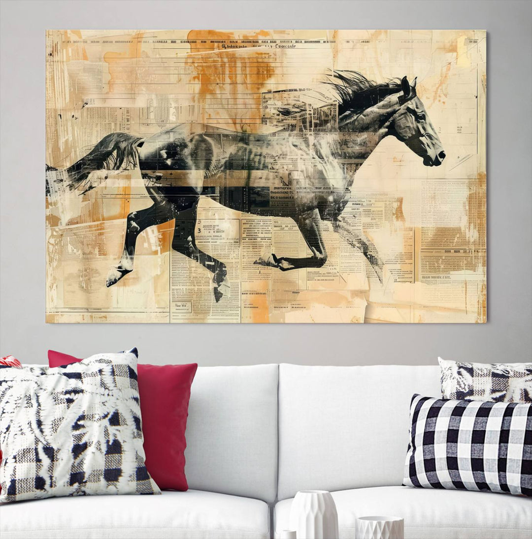 Chines Style Running Horse Western Wall Art | Farmhouse Wall Decor | Ready to Hang Framed Canvas Print | Vintage Abstract Style