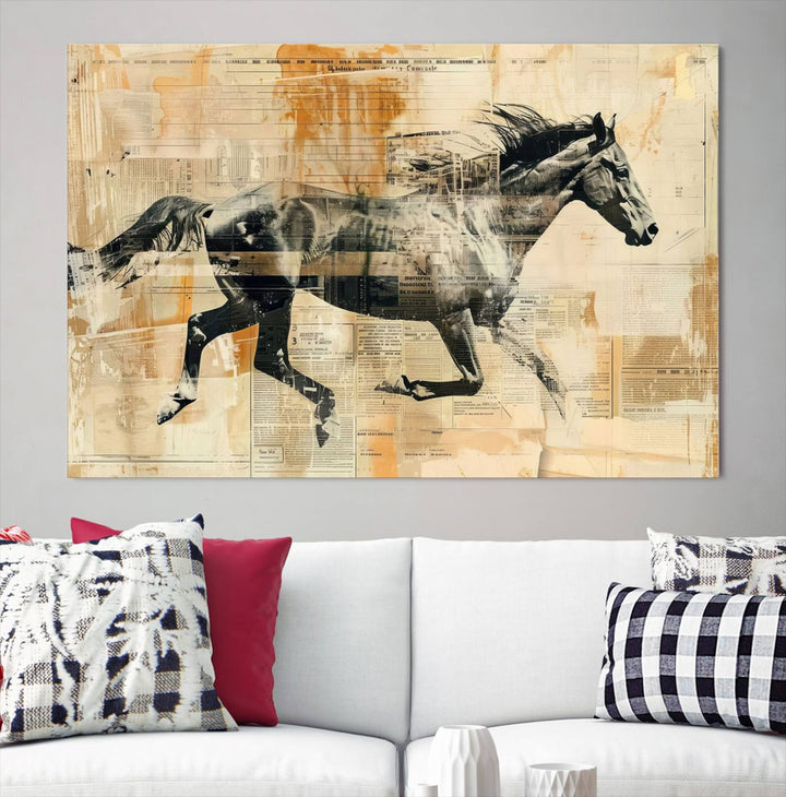 Chines Style Running Horse Western Wall Art | Farmhouse Wall Decor | Ready to Hang Framed Canvas Print | Vintage Abstract Style