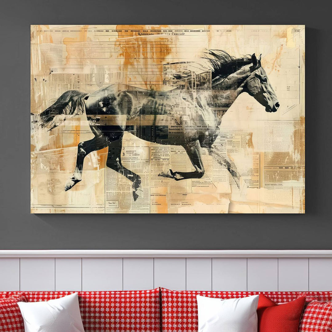 Chines Style Running Horse Western Wall Art | Farmhouse Wall Decor | Ready to Hang Framed Canvas Print | Vintage Abstract Style