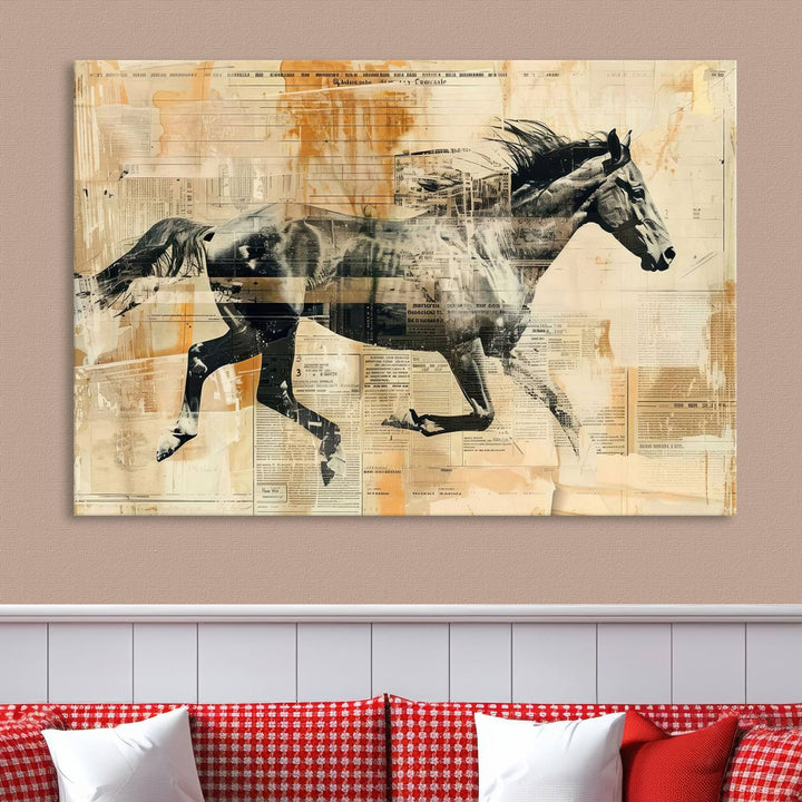 Chines Style Running Horse Western Wall Art | Farmhouse Wall Decor | Ready to Hang Framed Canvas Print | Vintage Abstract Style