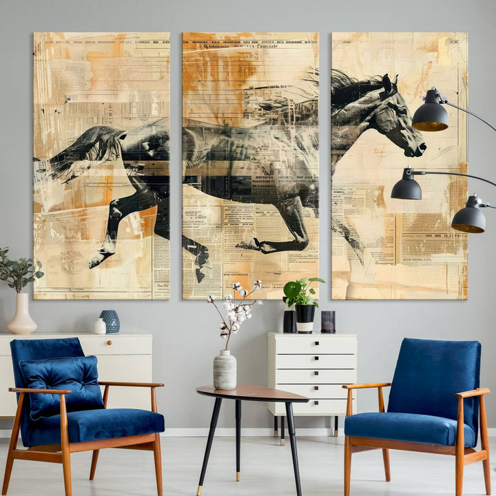 Chines Style Running Horse Western Wall Art | Farmhouse Wall Decor | Ready to Hang Framed Canvas Print | Vintage Abstract Style