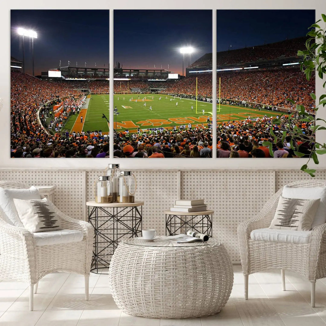 The Clemson University Tigers Football Team Print - Clemson Memorial Stadium Wall Art Canvas Print is displayed as a three-panel piece, highlighting its gallery-quality finish.