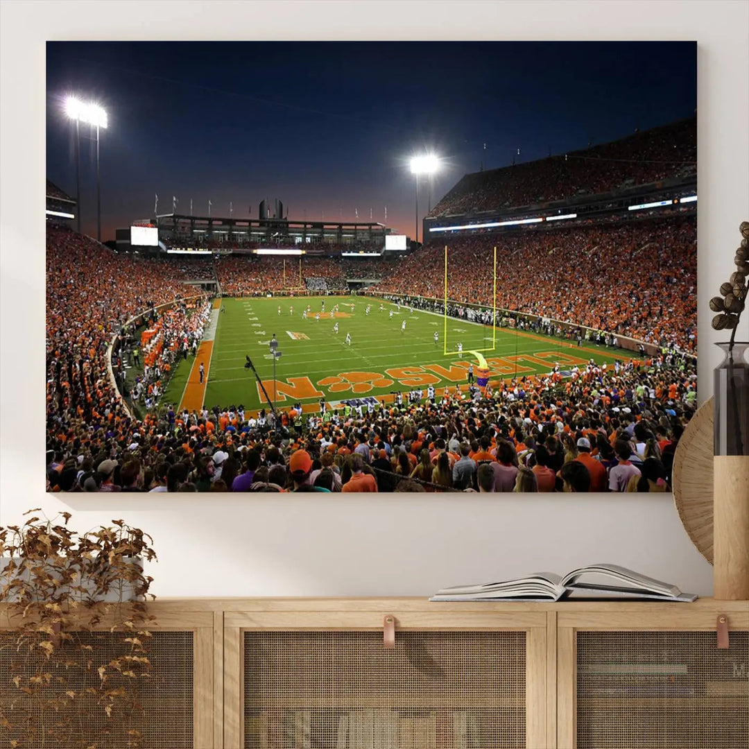 The Clemson University Tigers Football Team Print - Clemson Memorial Stadium Wall Art Canvas Print is displayed as a three-panel piece, highlighting its gallery-quality finish.