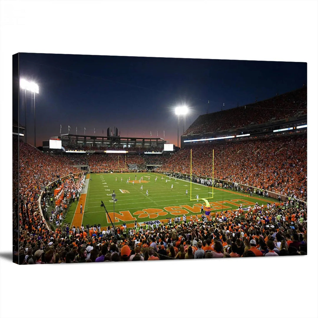 The Clemson University Tigers Football Team Print - Clemson Memorial Stadium Wall Art Canvas Print is displayed as a three-panel piece, highlighting its gallery-quality finish.