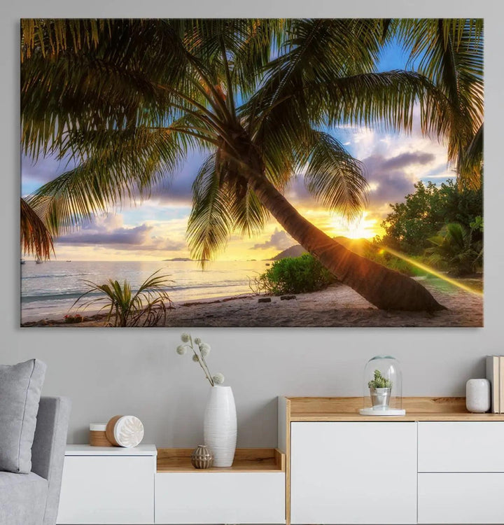 Coastal Sunset Palm Tree Giclee Canvas Print – Tropical Beach Panorama Wall Art for Relaxed Island Vibes, Large Nature-Inspired Decor