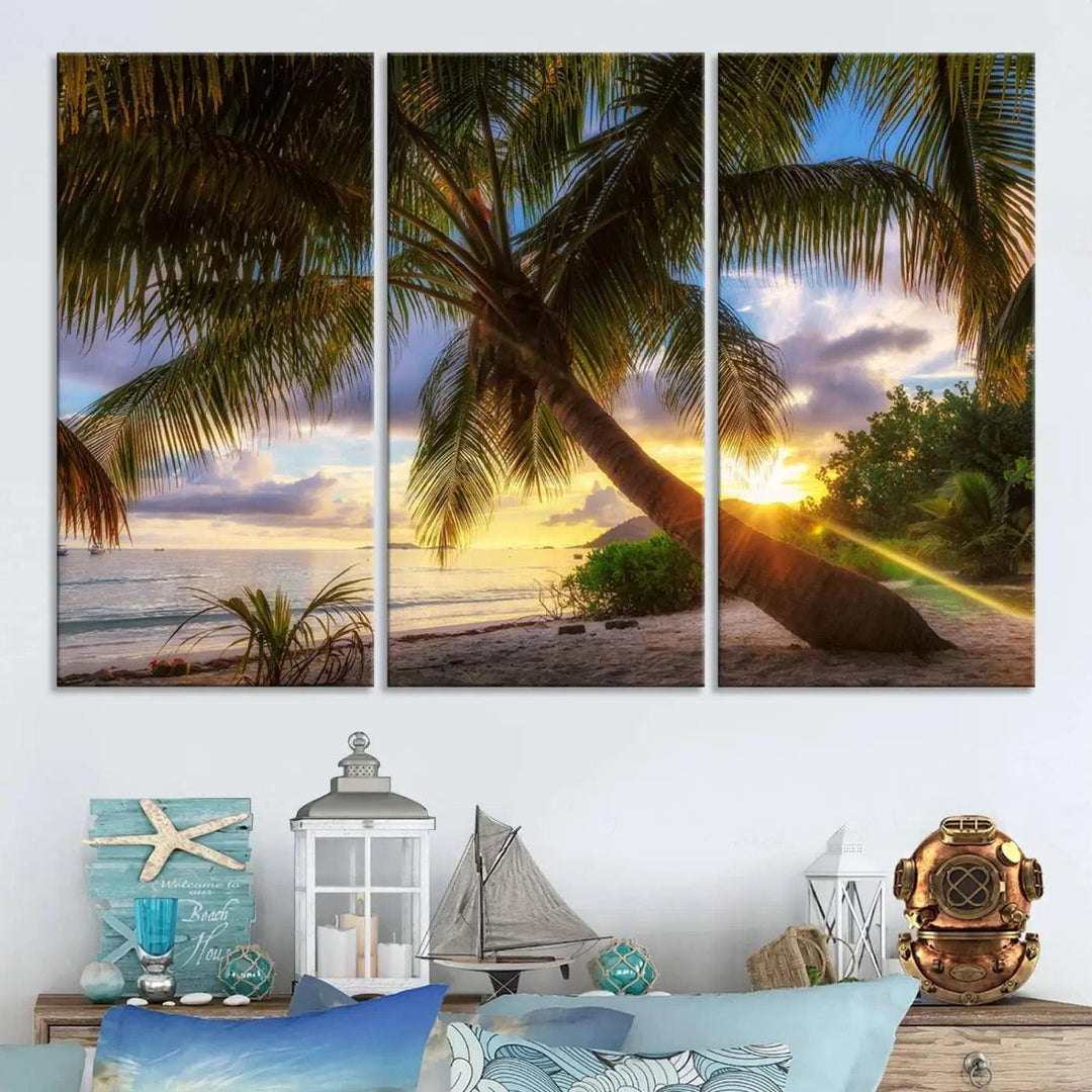 Coastal Sunset Palm Tree Giclee Canvas Print – Tropical Beach Panorama Wall Art for Relaxed Island Vibes, Large Nature-Inspired Decor