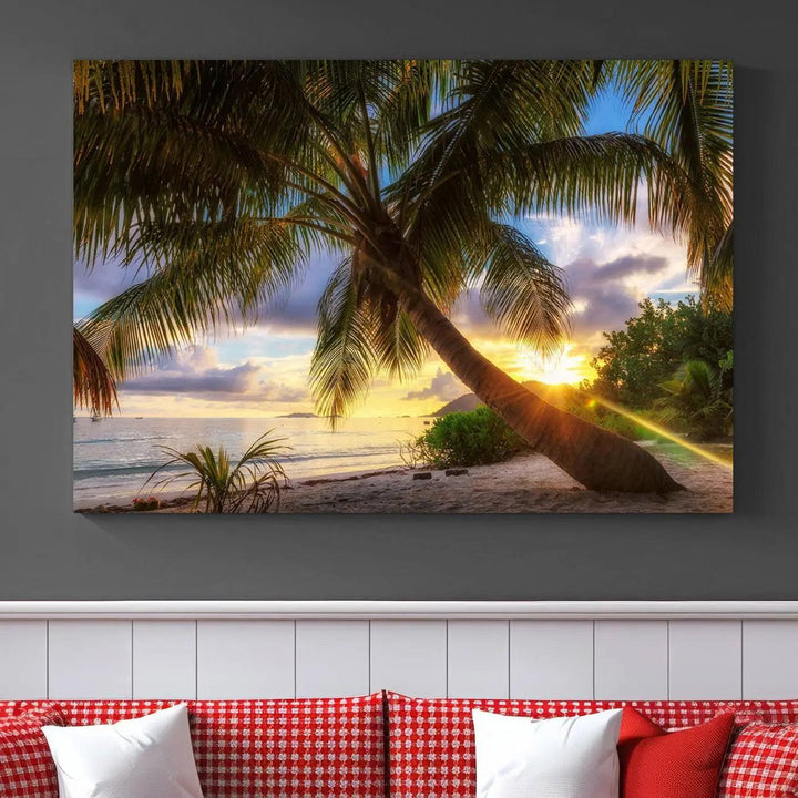 Coastal Sunset Palm Tree Giclee Canvas Print – Tropical Beach Panorama Wall Art for Relaxed Island Vibes, Large Nature-Inspired Decor