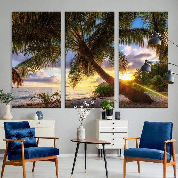 Coastal Sunset Palm Tree Giclee Canvas Print – Tropical Beach Panorama Wall Art for Relaxed Island Vibes, Large Nature-Inspired Decor