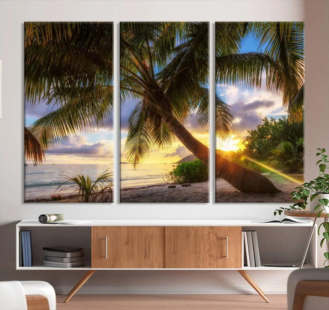 Coastal Sunset Palm Tree Giclee Canvas Print – Tropical Beach Panorama Wall Art for Relaxed Island Vibes, Large Nature-Inspired Decor