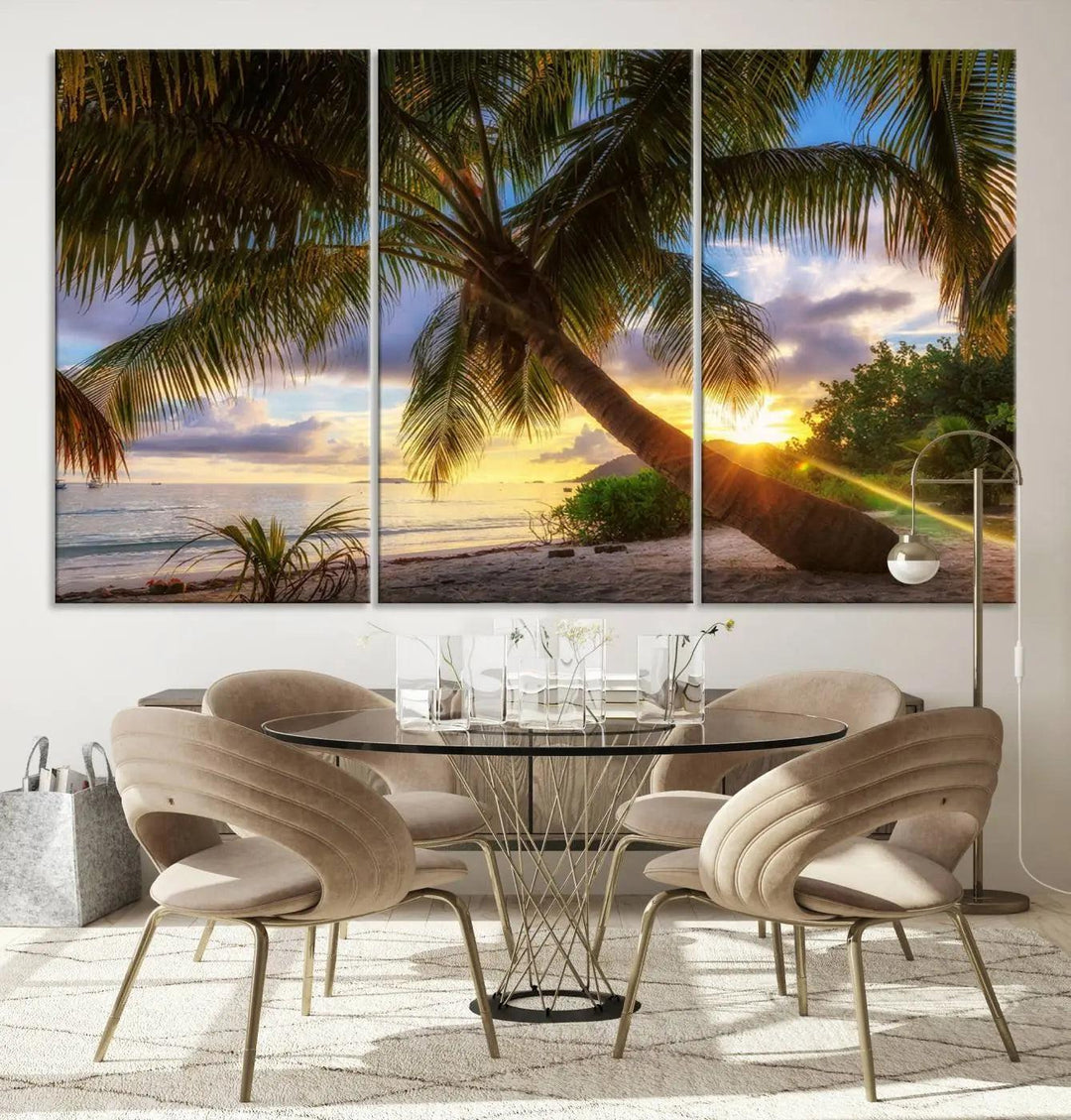 Coastal Sunset Palm Tree Giclee Canvas Print – Tropical Beach Panorama Wall Art for Relaxed Island Vibes, Large Nature-Inspired Decor