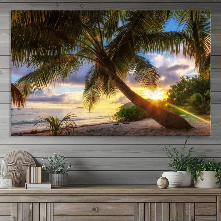 Coastal Sunset Palm Tree Giclee Canvas Print – Tropical Beach Panorama Wall Art for Relaxed Island Vibes, Large Nature-Inspired Decor