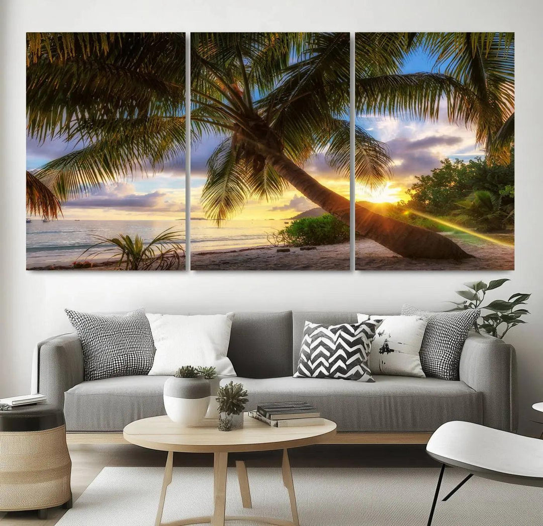 Coastal Sunset Palm Tree Giclee Canvas Print – Tropical Beach Panorama Wall Art for Relaxed Island Vibes, Large Nature-Inspired Decor