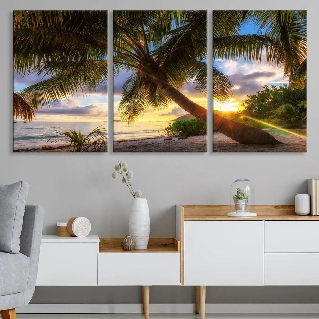 Coastal Sunset Palm Tree Giclee Canvas Print – Tropical Beach Panorama Wall Art for Relaxed Island Vibes, Large Nature-Inspired Decor