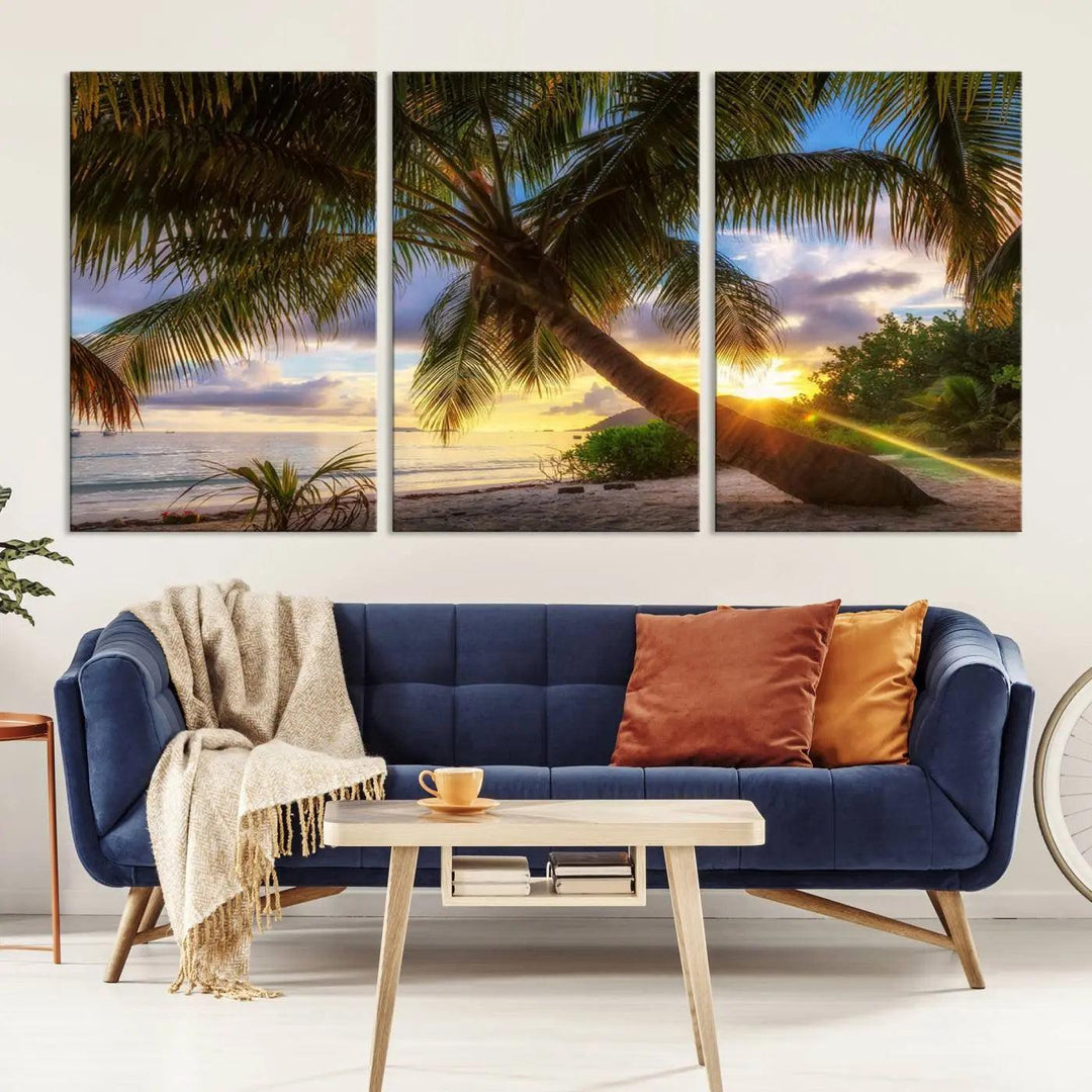 Coastal Sunset Palm Tree Giclee Canvas Print – Tropical Beach Panorama Wall Art for Relaxed Island Vibes, Large Nature-Inspired Decor