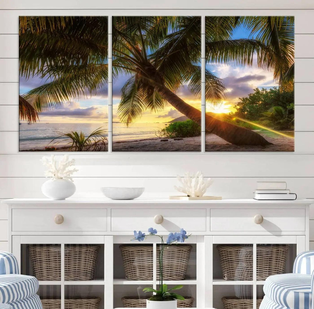 Coastal Sunset Palm Tree Giclee Canvas Print – Tropical Beach Panorama Wall Art for Relaxed Island Vibes, Large Nature-Inspired Decor