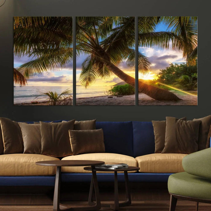 Coastal Sunset Palm Tree Giclee Canvas Print – Tropical Beach Panorama Wall Art for Relaxed Island Vibes, Large Nature-Inspired Decor