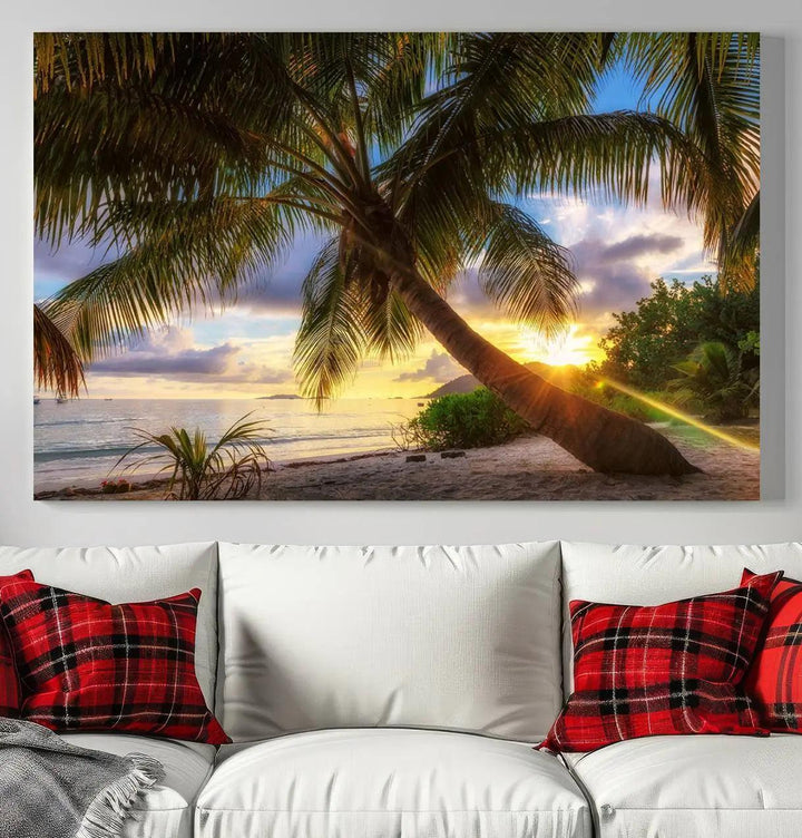 Coastal Sunset Palm Tree Giclee Canvas Print – Tropical Beach Panorama Wall Art for Relaxed Island Vibes, Large Nature-Inspired Decor