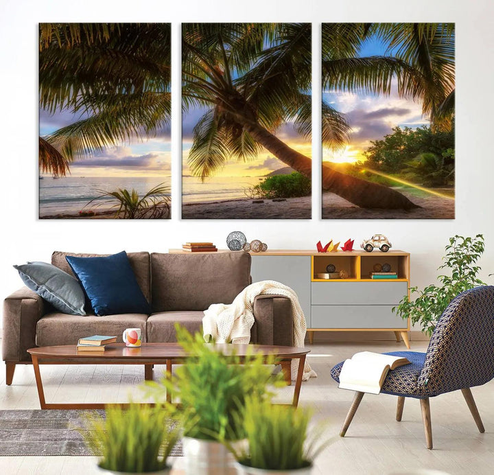 Coastal Sunset Palm Tree Giclee Canvas Print – Tropical Beach Panorama Wall Art for Relaxed Island Vibes, Large Nature-Inspired Decor