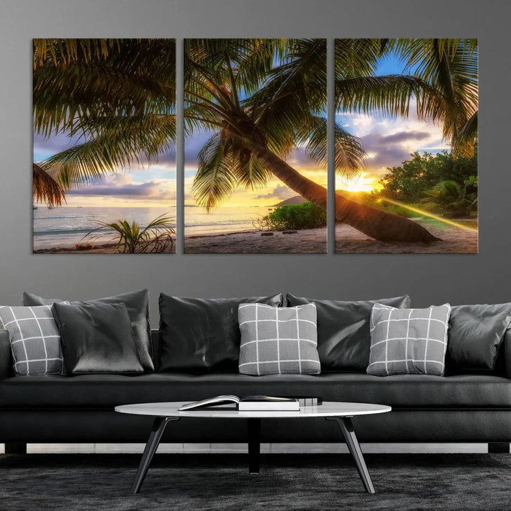 Coastal Sunset Palm Tree Giclee Canvas Print – Tropical Beach Panorama Wall Art for Relaxed Island Vibes, Large Nature-Inspired Decor