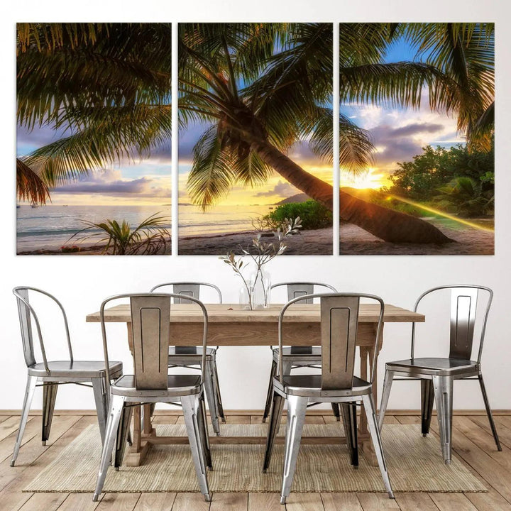 Coastal Sunset Palm Tree Giclee Canvas Print – Tropical Beach Panorama Wall Art for Relaxed Island Vibes, Large Nature-Inspired Decor